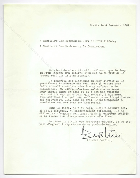 Lettre tapuscrite signe de Gianni Bertini.