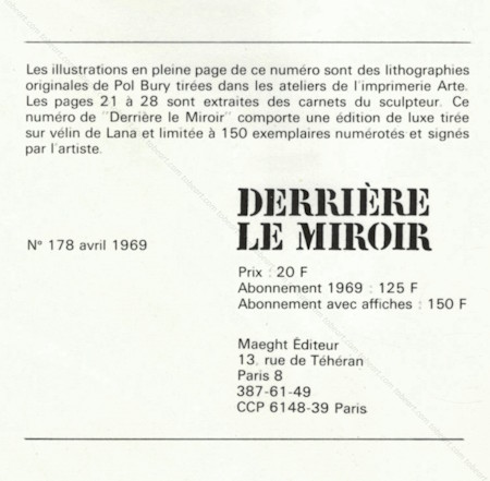DERRIERE LE MIROIR n°178 - Pol BURY. Paris, Maeght, 1969.