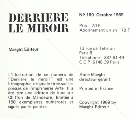 DERRIERE LE MIROIR n°180. Antoni TÀPIES. Paris, Maeght, 1969.