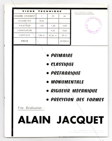 Alain JACQUET - lments prfabriqus. Paris, Galerie Breteau, 1961.