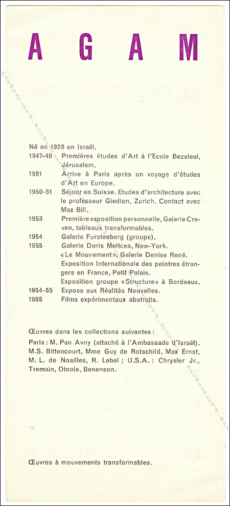 Carton d'invitation  l'exposition Yaacov AGAM - Oeuvres  mouvements transformables. Paris, Galerie Denise Ren, 1956.