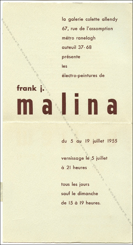 Carton d'invitation  l'exposition Les lectro-peintures de Franck Joseph MALINA. Paris, Galerie Colette Allendy, 1955.