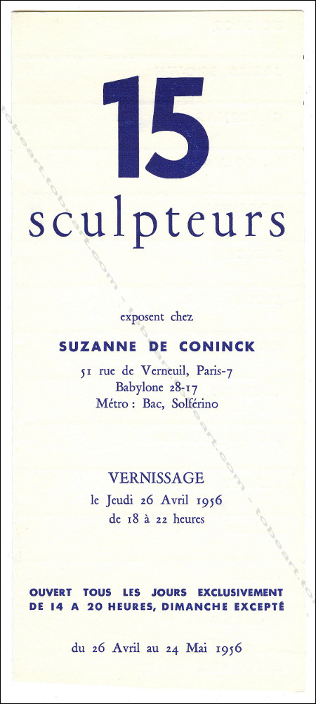 Carton d'invitation  l'exposition 15 sculpteurs. Paris, Suzanne de Coninck, 1956.