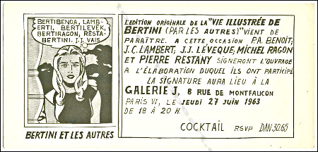 Carton d'invitation  l'exposition de Gianni BERTINI et les autres. Paris, Galerie J, 1963.