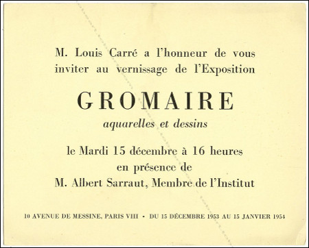 Carton d'invitation  l'exposition Marcel GROMAIRE. Paris, Galerie Louise Carr, 1953.
