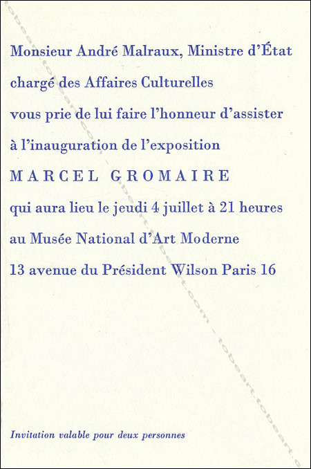 Carton d'invitation  l'exposition Marcel GROMAIRE. Paris, Galerie Louise Carr, 1962.