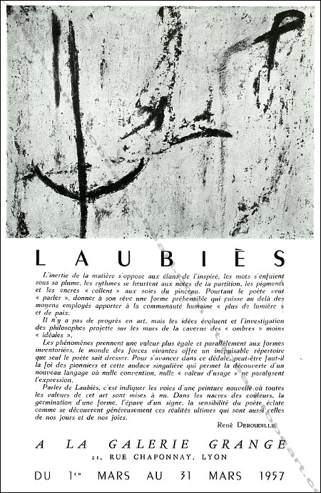 Carton d'invitation  l'exposition de René LAUBIÈS. Lyon, Galerie Grange, 1957.