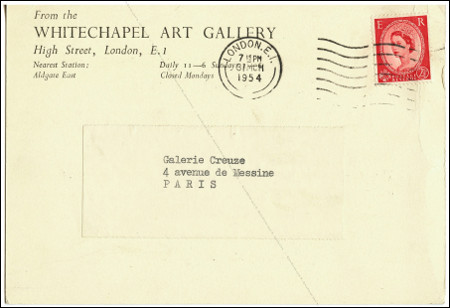 Carton d'invitation à l'exposition A Retrospective Exhibition of Carvings and Drawings from 1927 to 1954 by Barbara HEPWORTH. London, Whitechapel Art Gallery, 1954.