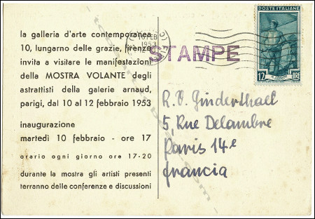 Carton d'invitation  l'exposition Mostra Volante. Firenze, Galleria d'Arte Contemporanea, 1953.