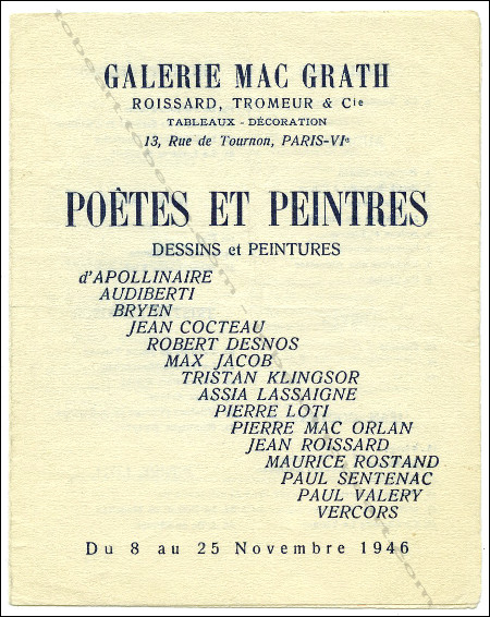 Carton d'invitation  l'exposition Potes et Peintres - Dessins et Peintures. Paris, Galerie Mac Grath, 1946.