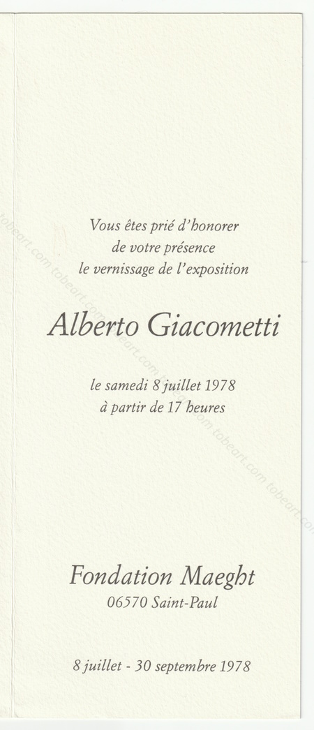Carton d'invitation de l'exposition de Alberto GIACOMETTI. Vence, Fondation Maeght, 1978.