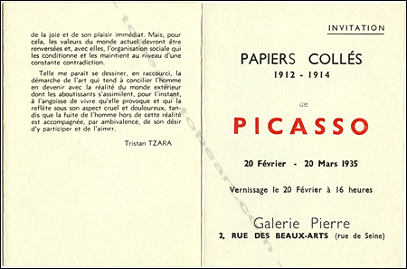 Carton d'invitation de l'exposition Papier colls 1912-1914 de PICASSO  Paris, Galerie Pierre, en 1935.
