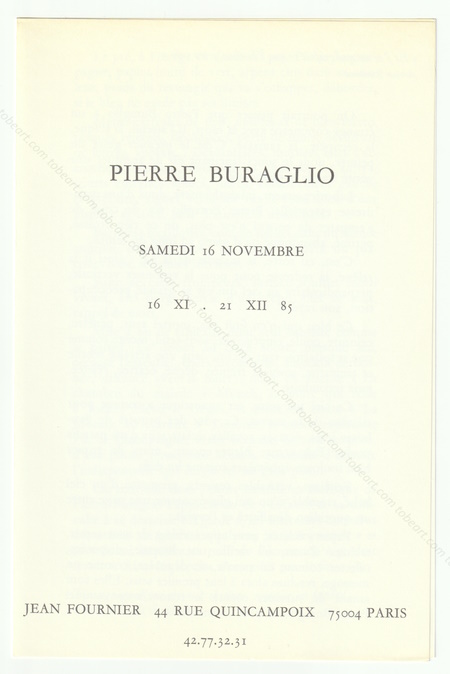 Pierre BURAGLIO. Paris, Galerie Jean Fournier, 1985.