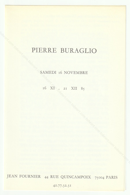 Pierre BURAGLIO. Paris, Galerie Jean Fournier, 1985.