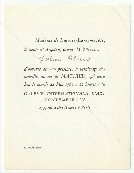 De quelques Pompes & supplices dans l'ancienne France. Nouvelles uvres de MATHIEU. Paris, Galerie Internationale d'Art Contemporain, 1960.