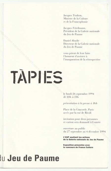 Antoni TPIES. Paris, Galerie Nationale du Jeu de Paume, 1994.