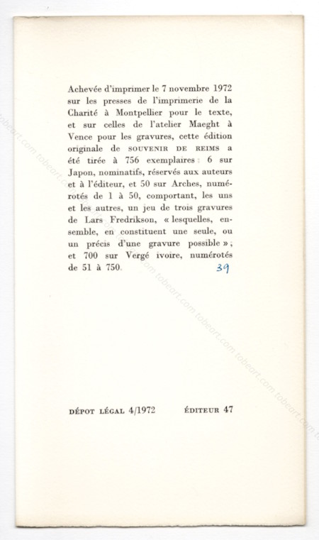 Lars FREDRIKSON - Roger Laporte - Souvenir de Reims. Montpellier, Fata Morgana, 1972.