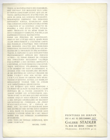 Peintures de Jaroslav SERPAN. Paris, Galerie Stadler, 1955.