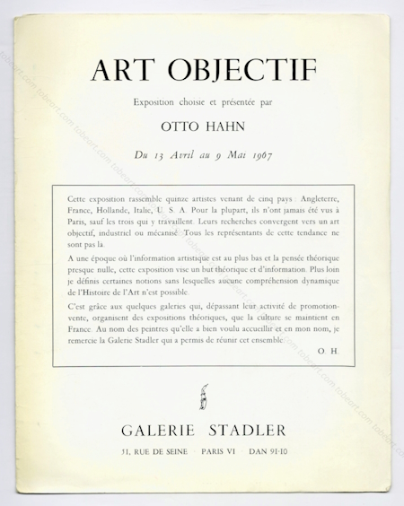 ART OBJECTIF. Paris, Galerie Stadler, 1967.