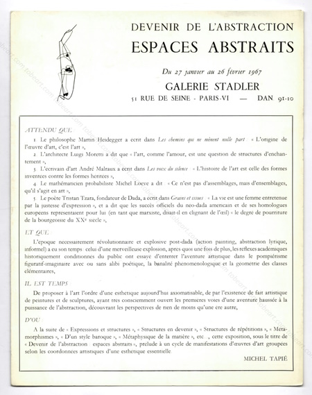 Devenir de l'Abstraction. Espaces Abstraits. Paris, Galerie Stadler, 1967.