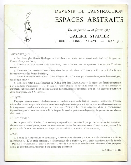 Devenir de l'Abstraction. Espaces Abstraits. Paris, Galerie Stadler, 1967.