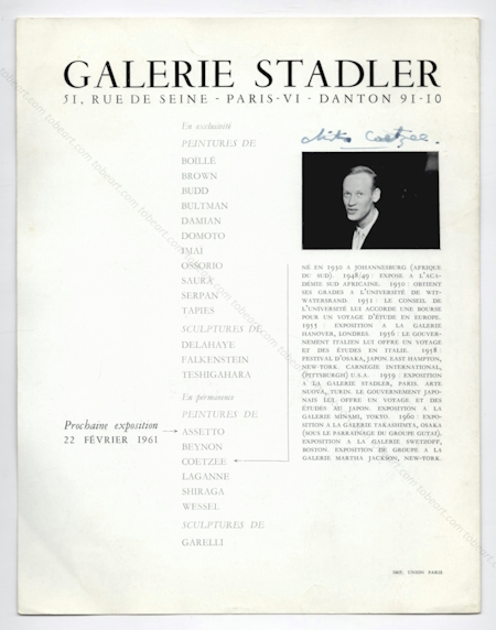 Christo COETZEE. Paris, Galerie Stadler, 1961.