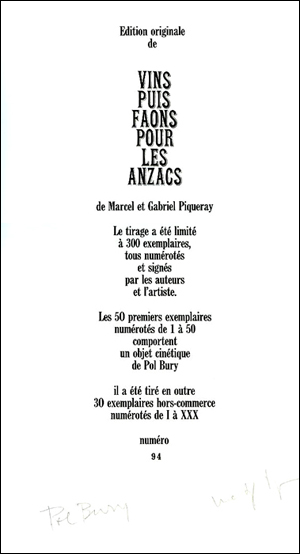 Pol BURY - Vins puis faons pour les Anzacs. Paris, Maeght, 1971.