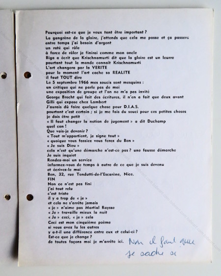 BEN (Vautier). POESIE. Nice, Ben, (1966).